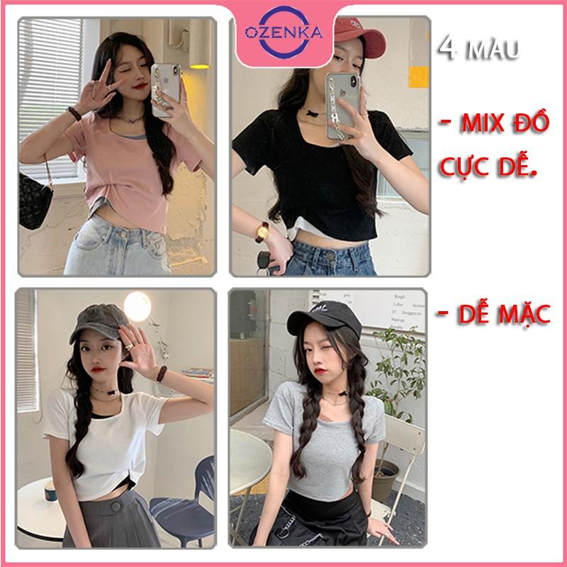 Áo croptop cổ vuông tay ngắn nữ ôm body cải màu xinh xắn chất thun gân cotton 100% nhiều màu một size dưới 50 kg