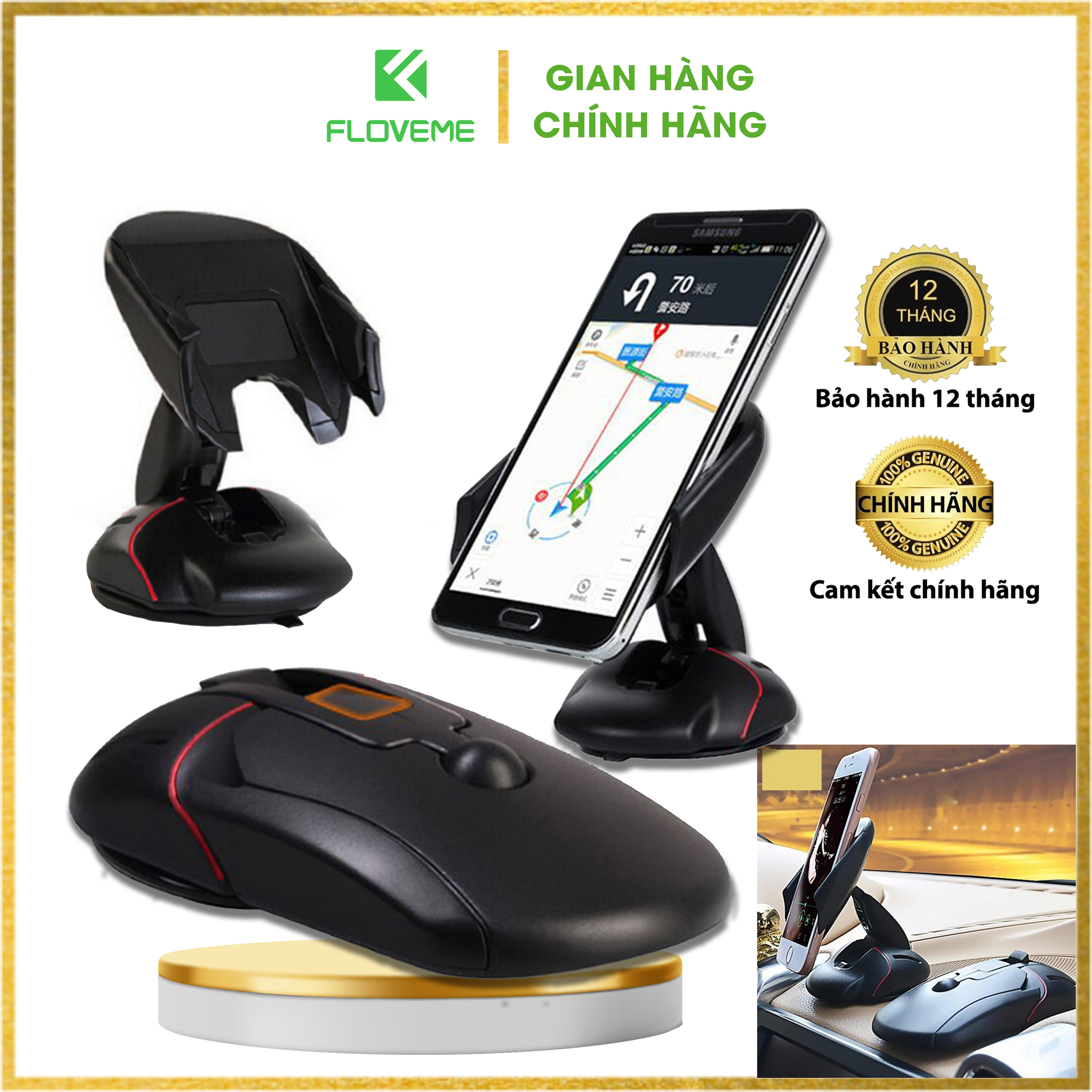 GIÁ ĐỠ OTO FLOVEME , XE MÁY MOBILE MOUSE - bám dính chắc chắn. Mặt đế thiết kế hút chân không chắc chắn, an toàn khi sử dụng - Hàng chính hãng