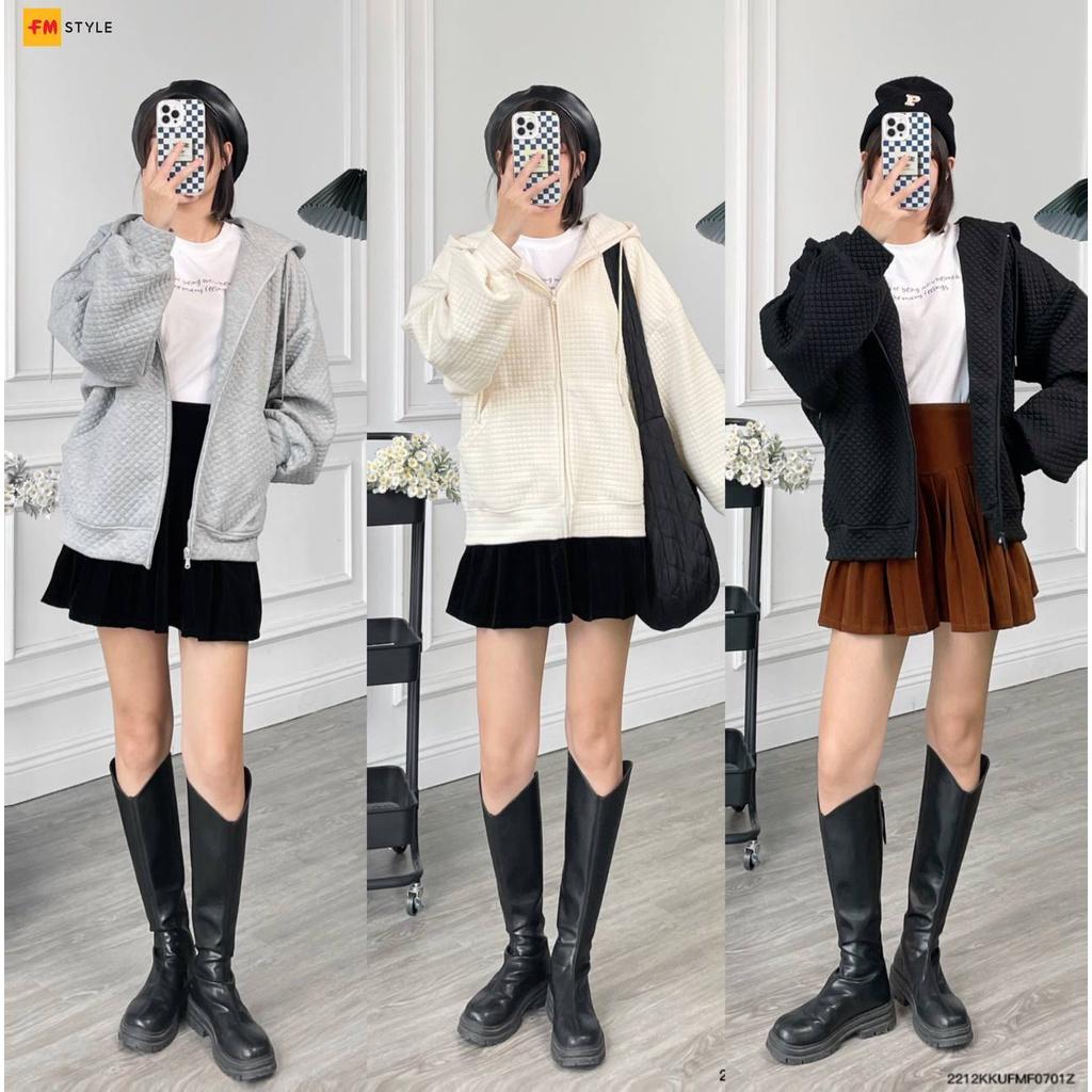 Áo khoác hoodie zip nỉ FM Style form rộng tay bồng basic khoá kéo phối 2 túi có mũ lớn thời trang ulzzang 23030456