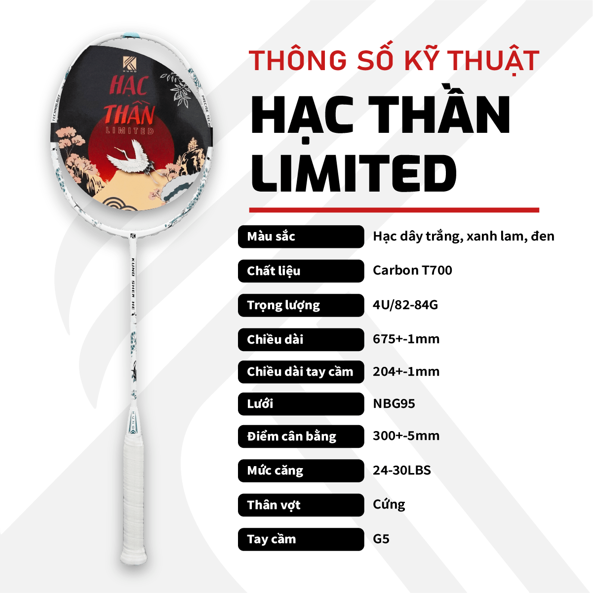 Vợt Cầu Lông KUNO Hạc Thần Limited Chuyên Công Chất Liệu Carbon T700, 4U, Chuyên Công, Sức Mạnh Tấn Công Uy Lực, Mạnh Mẽ, Dứt khoát
