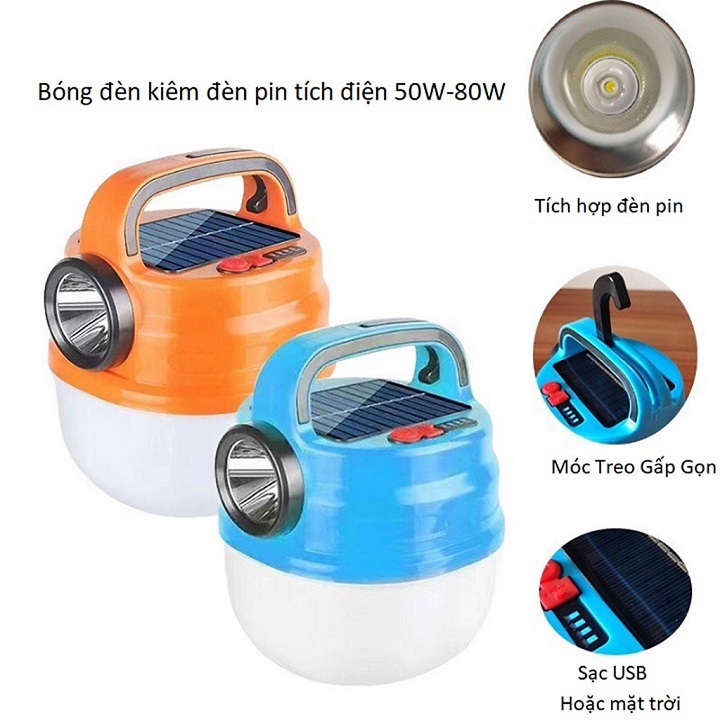 Bóng Đèn Tích Điện Siêu Sáng Tích Hợp Đèn Pin Có Sạc Năng Lượng Mặt Trời LED BULB SOLAR, đèn đi vườn, cắm trại picnic du lịch