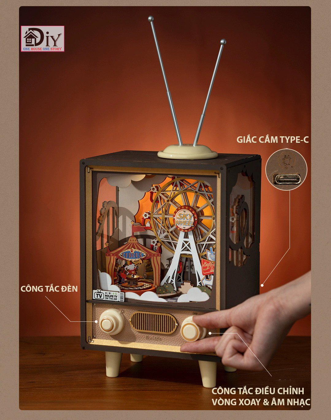 Hộp nhạc Mô hình Tivi gỗ cơ động học DIY Robotime Rolife Sunset Carnival Music Box AMT01 tự lắp ráp Quà tặng giáng sinh trang trí sáng tạo