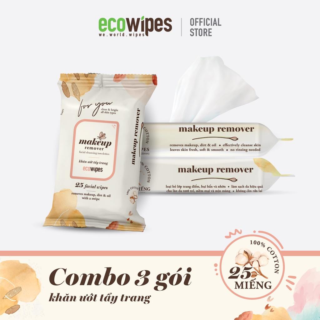 Combo 3 gói khăn ướt tẩy trang Makeup Remover Ecowipes gói 25 tờ làm sạch nhanh lớp trang điểm