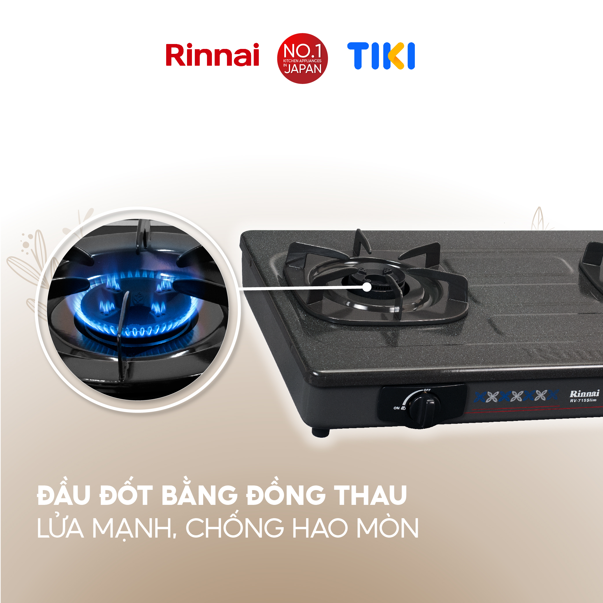 Bếp gas dương Rinnai RV-715Slim(G) mặt bếp men và kiềng bếp men - Hàng chính hãng.