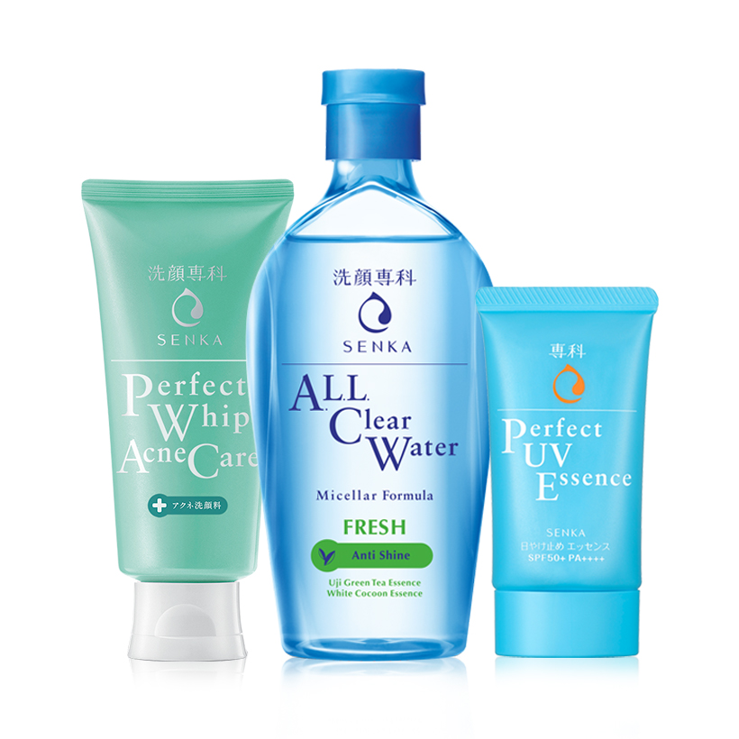 Bộ sản phẩm Senka làm sạch và chống nắng dành cho da mụn (Senka A.L.L.Clear Water Fresh 230ml + SRM Acne Care 100g + Senka Perfect UV Essence 50g)