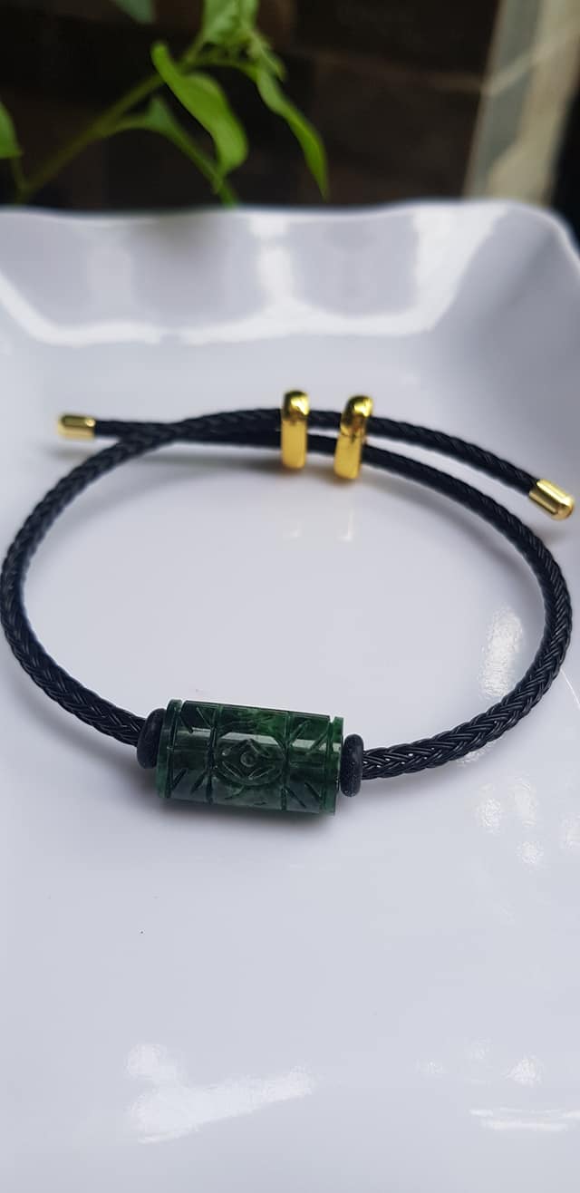Vòng Đeo tay Mới charm Lu Thống Đồng Tiền Xanh Đậm đẹp Hạt Lu Đồng Tiền Đá cẩm thạch tự nhiên dây đen rút chỉnh theo tay tùy ý Hợp nữ mệnh Thủy mệnh Mộc hợp ạ