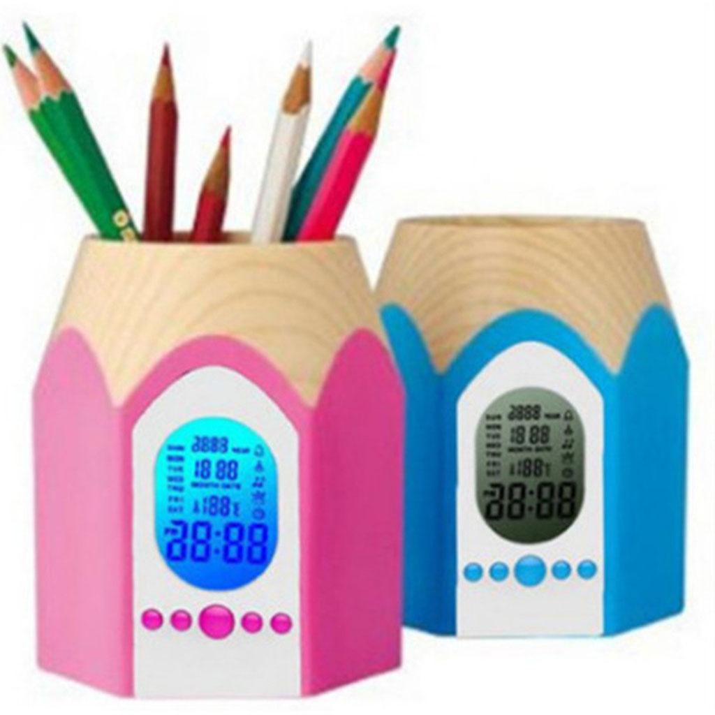 LCD Desktop Alarm Clock Calendar Pen Pencil Stationery Holder Container