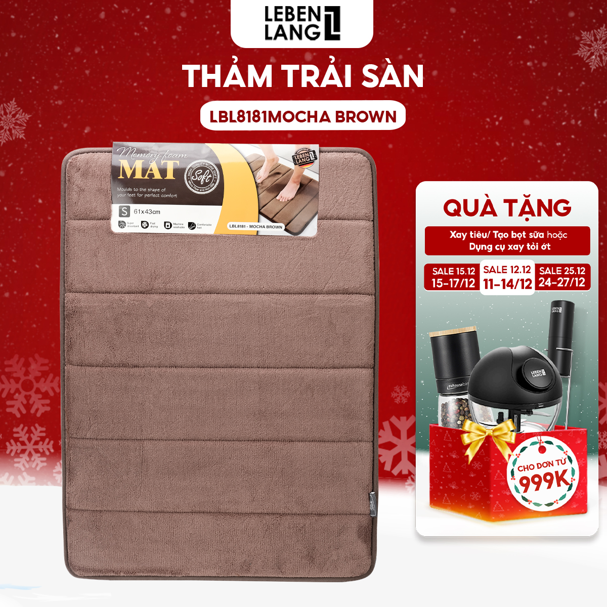 Thảm lau chân Lebenlang LBL8181 thấm hút nước đế cao su chống trơn trượt phòng tắm - hàng chính hãng
