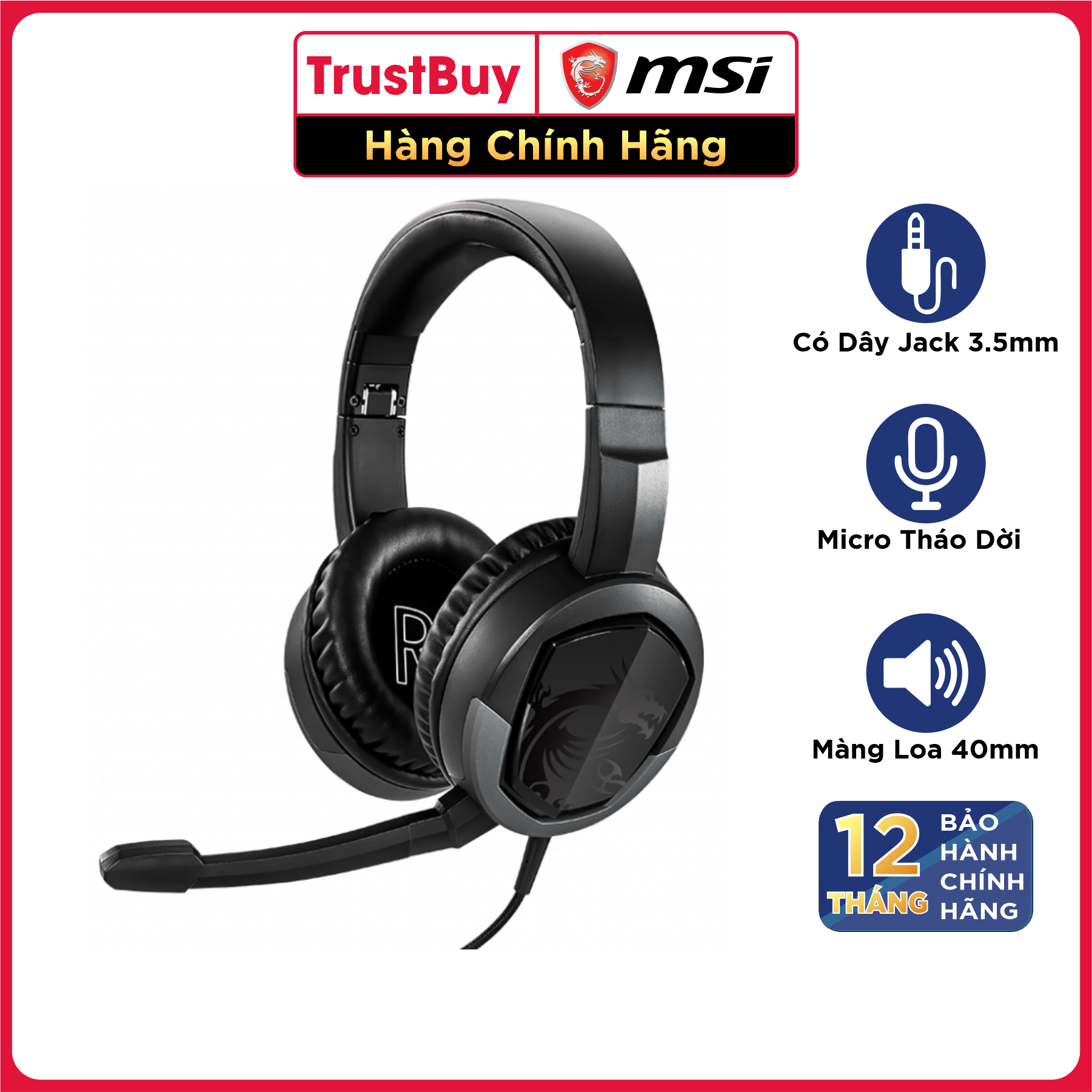 Tai Nghe Chụp Tai Gaming MSI Immerse GH30 V2 Tích Hợp Mic Tháo Dời, Dây Cắm 3.5mm Dài 1.5M - Hàng Chính Hãng