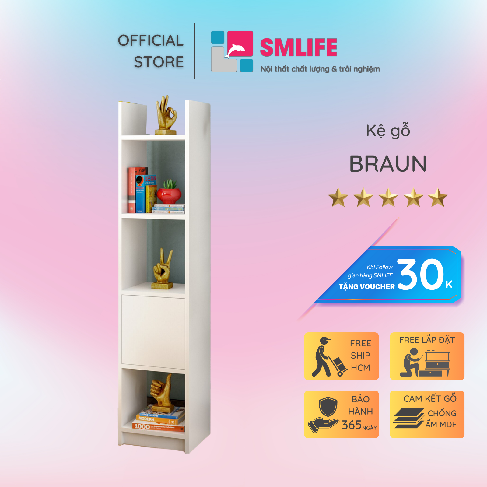 Kệ sách gỗ hiện đại SMLIFE Braun  | Gỗ MDF dày 17mm chống ẩm | D35xR28xC160cm