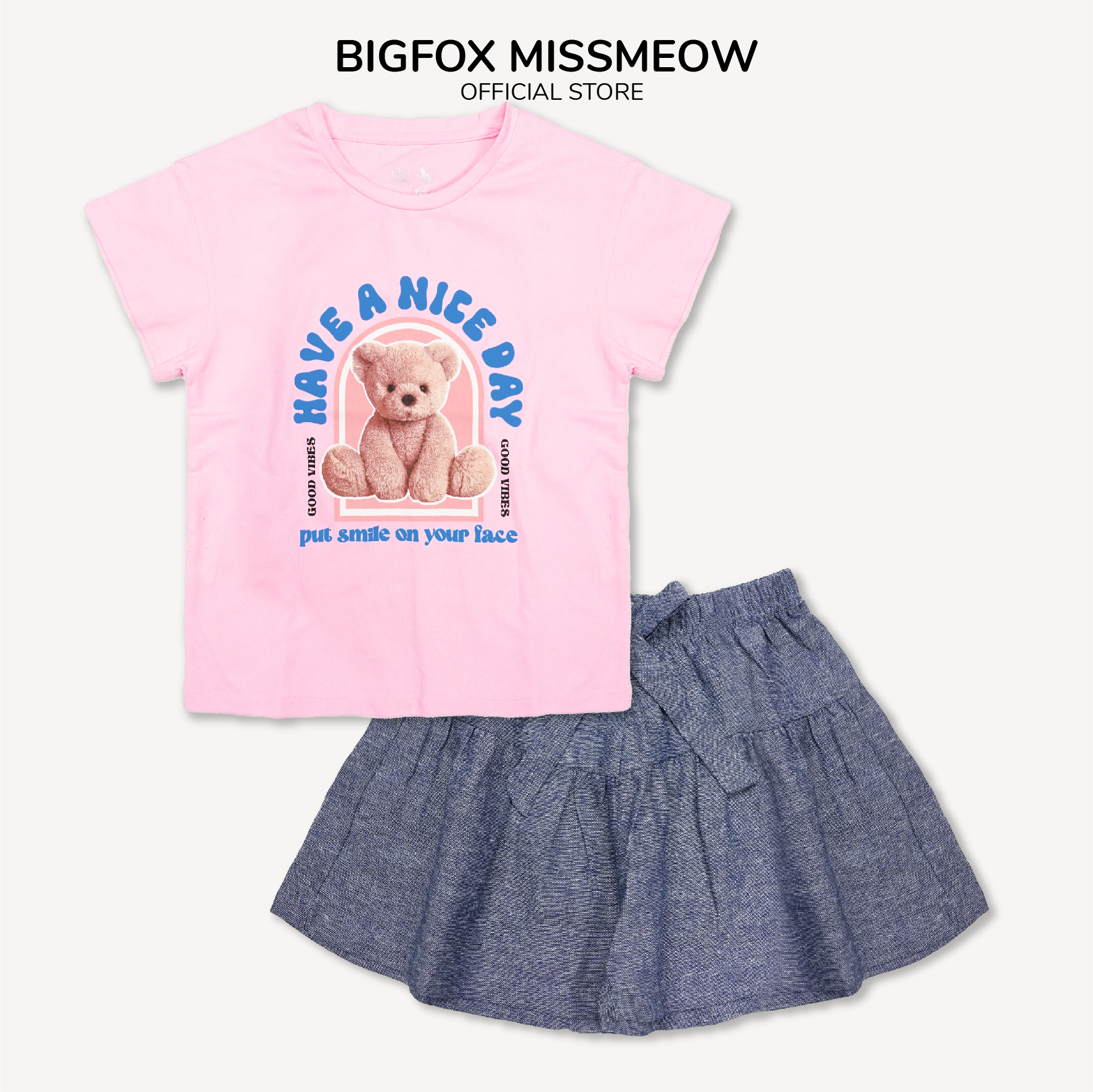 Set bộ bé gái Bigfox Miss Meow chất cotton mix quần linen hình in gấu mùa hè size đại 3,6,9,10,11 tuổi 30kg 40kg 1889