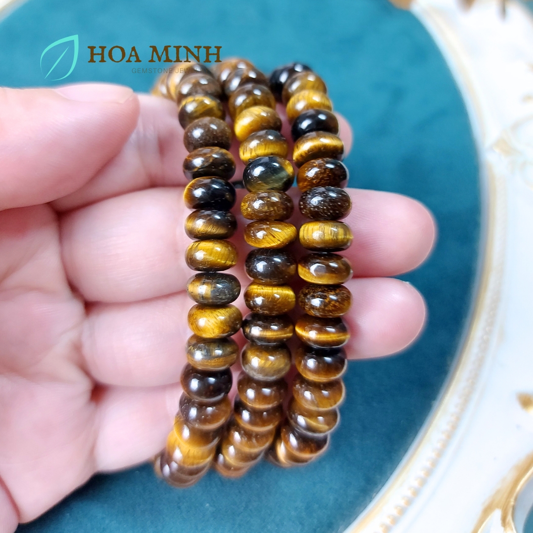 Vòng tay đá Mắt Hổ vàng nâu kiểu bánh xe size 8 li phong thủy tài lộc may mắn