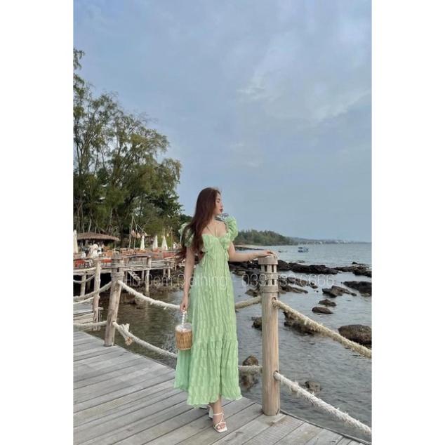 Đầm váy maxi khoét eo xốp mút ngực hồng xanh bơ trắng tay phồng Ivy.fashion đi biển dự tiệc dạo phố bigsize gợi cảm se