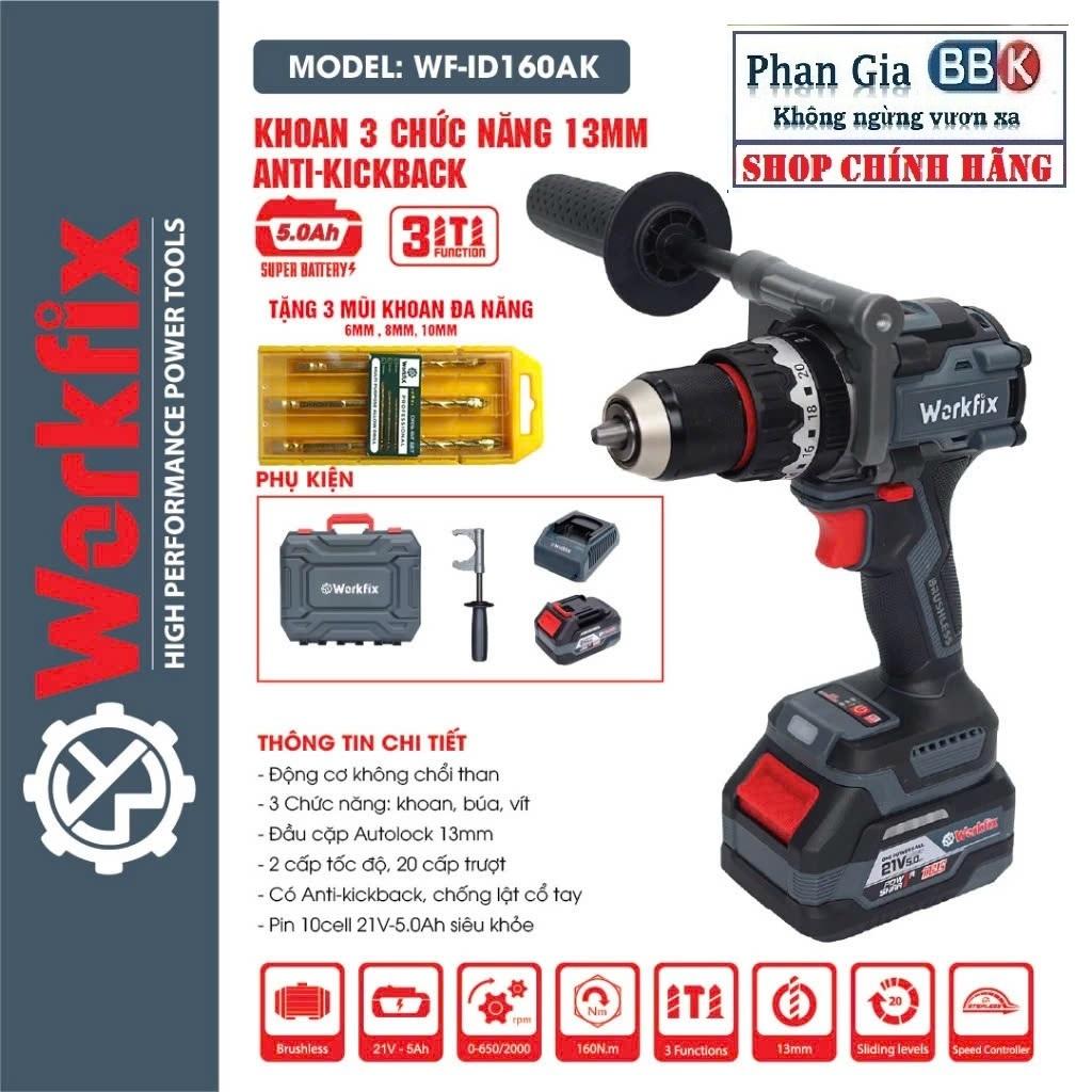 Máy khoan pin 13mm Workfix WF-ID160AK lực siết 160Nm, Không Chổi Than, Chống lật cổ tay-Bảo hành chính hãƞg