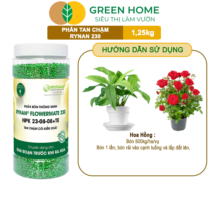Phân Tan Chậm Greenhome, Rynan 230, Hũ 1,25kg, Chuyên Kiểng Lá, Dưỡng Lá Xanh, Sinh Trưởng Khoẻ