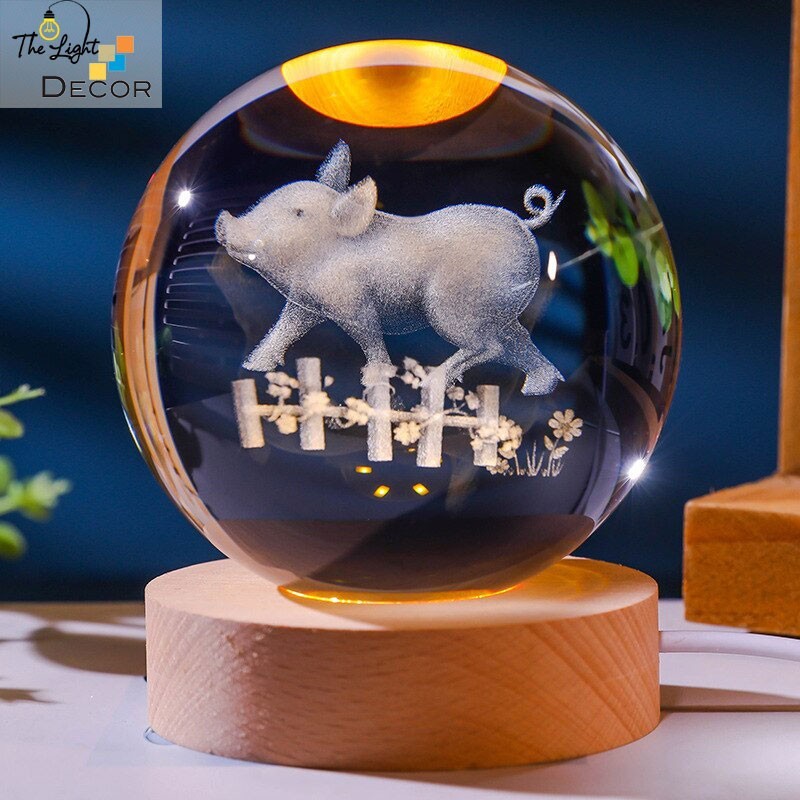 Bộ Quà Tặng Quả Cầu Pha Lê 3D larser LED 12 Con Giáp Tuổi Hợi