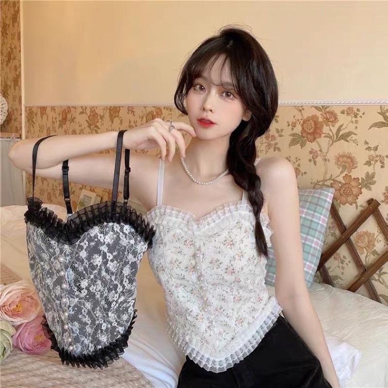 Áo Hai Dây Dáng Croptop Phối Ren Hoạ Tiết Hoa Nhí Đính Cúc Ngọc Áo Corset Hai Dây Có Chun Lưng Thoải Mái