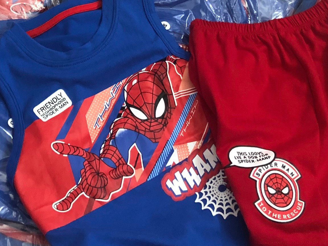 Bộ ba lỗ bé trai siêu nhân nhện xanh đỏ, Set thun cotton sát nách trẻ em mùa hè mặc cực mát, thấm hút mồ hôi tốt