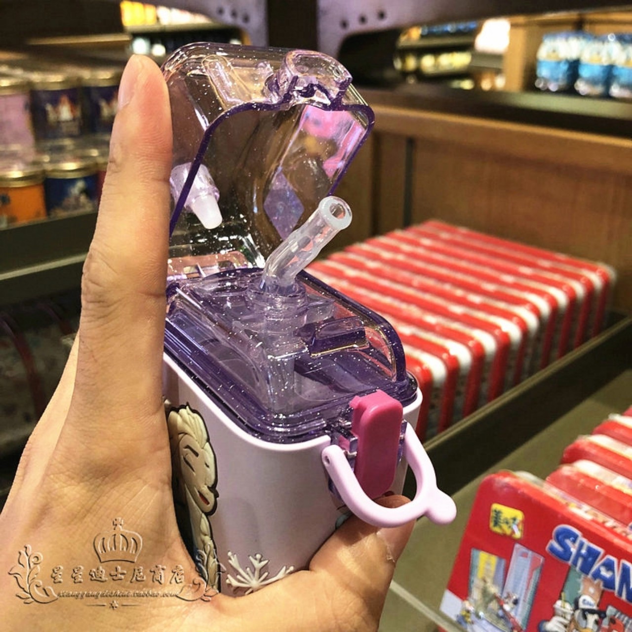 Bình nước ống hút nhựa tritan dáng chữ nhật Disney 3D Frozen tím 280ml cho trẻ em 4443