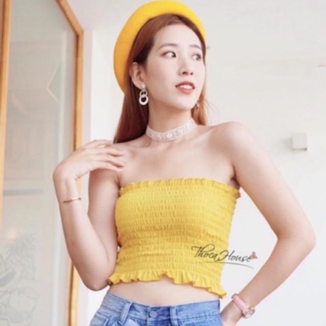 Áo ống cúp ngực voan nhún - hình thật chụp sàn