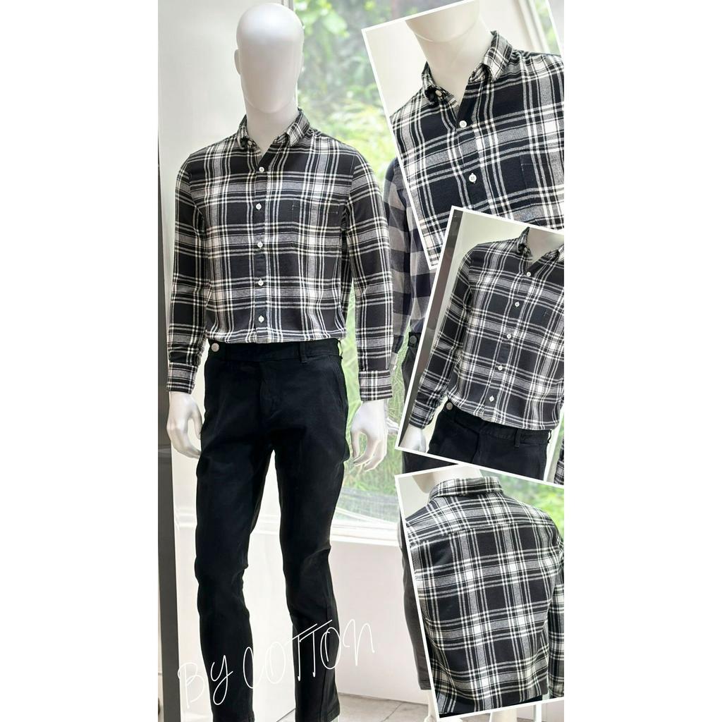 Áo Sơ Mi Nam Dài Tay Phối Sọc BY COTTON Caro Lớn Trắng Đen