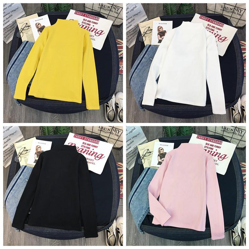 Áo thun tay dài cổ lọ màu trơn đơn giản cho nữ
