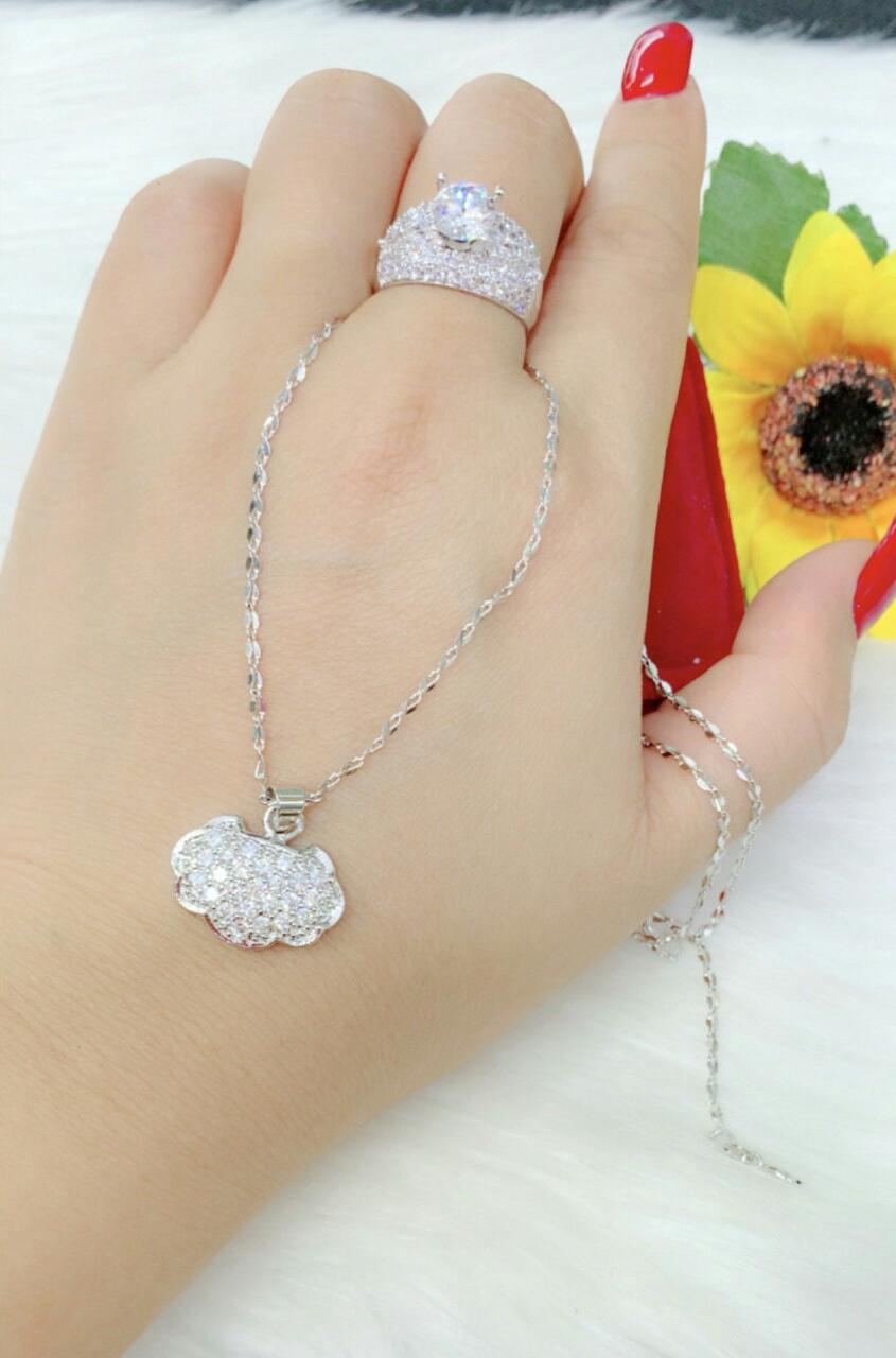 Combo dây chuyền nhẫn nữ xi mạ bạch kim cao cấp