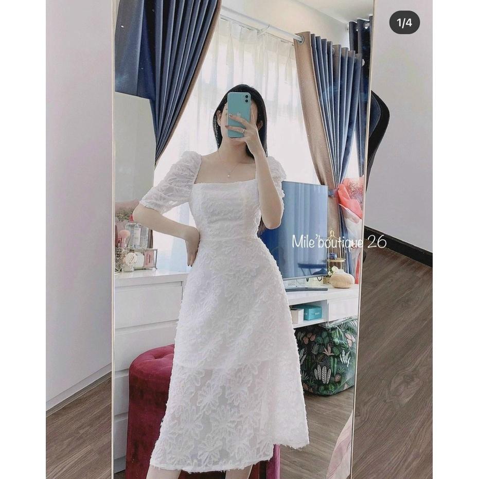 Đầm midi trắng 2 lớp tay phồng cổ vuông cao cấp