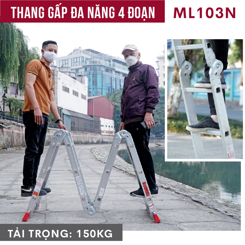 Thang nhôm gấp đa năng 4 đoạn 3.4M - 3.7M nhập khẩu CN Nhật Bản FUJIHOME ML103,  thang xếp đa năng 12 tư thế sử dụng - Hàng chính hãng