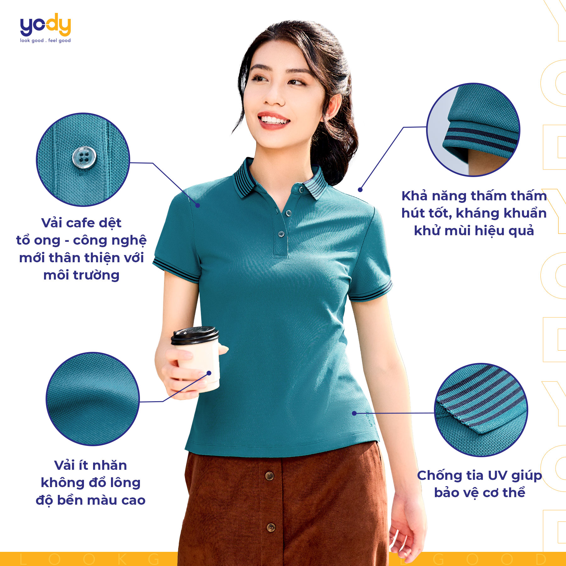 Áo thun polo nữ YODY vải cafe tổ ong mới khử mùi, thoáng mát, nhiều màu APN5416