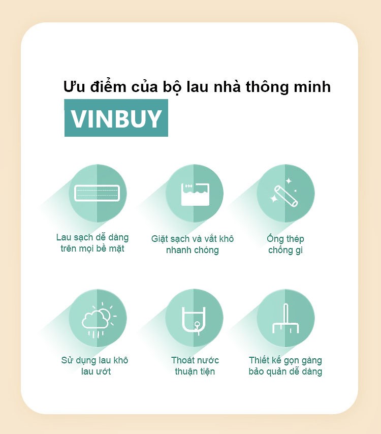 Bộ cây lau nhà VinBuy kèm thùng tự vắt thông minh, chổi lau nhà xoay 360 độ lau sạch nhanh