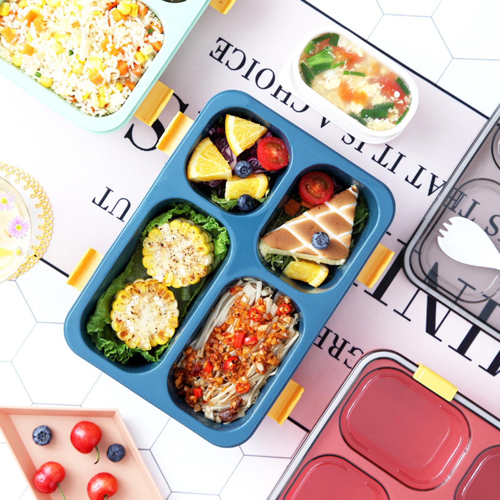 4 Compartment Lunch Containers with Soup Bowl Spoon Food Container Blue