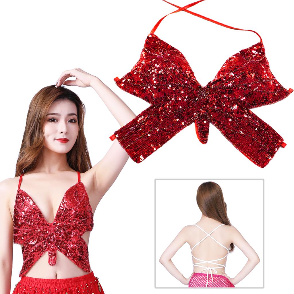 Womens Glitter Belly Dance Bra Sequin Butterfly Halter Crop Top Sexy Latin Sequins Costume Tribal Festival Party Club Wear