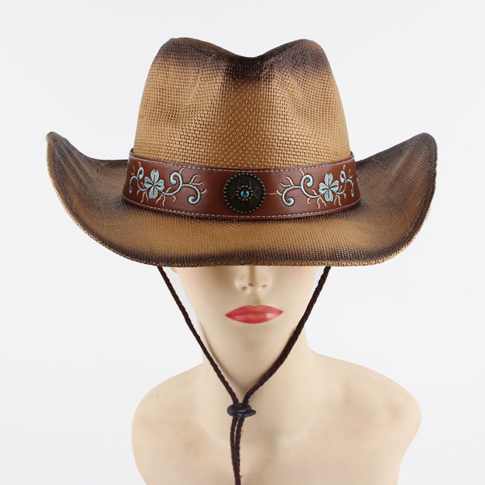 Western Style Cowboy Hat Women Men Wide Roll up Brim Outdoor Sun Hats with Chin Strap Versatile Jazz Caps Sun Protection for Festivals Travel