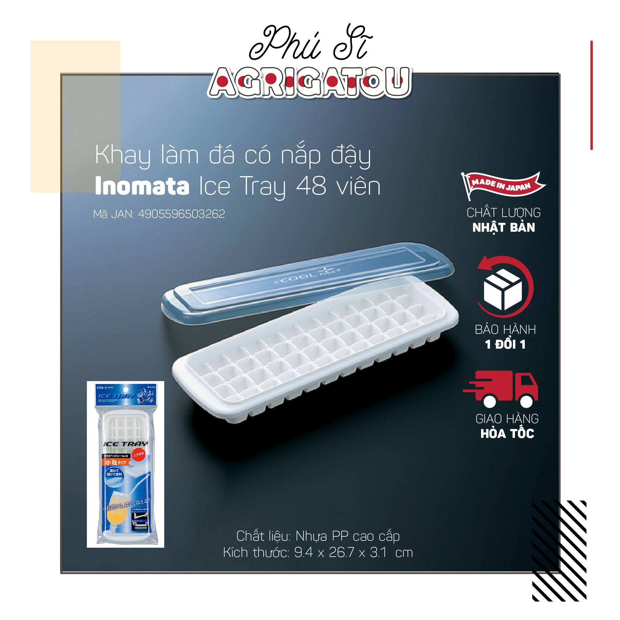 Khay làm đá có nắp đậy Inomata Ice Tray 12 viên