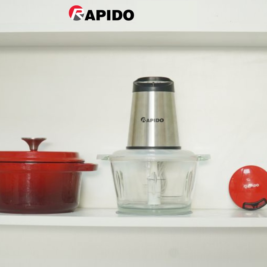 Máy xay thịt đa năng Rapido cối thủy tinh 2L công suất 300W, 4 lưỡi dao, tự động ngắt, BH 1 năm -Hàng chính hãng