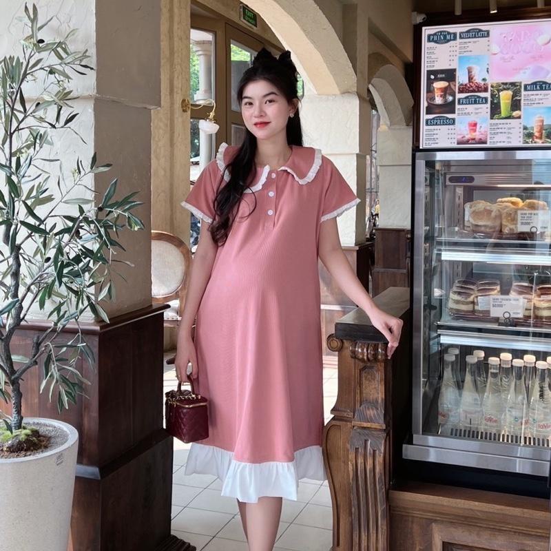 Đầm Bầu Polo Dáng Suông Cổ Sen Phối Viền Bèo Dễ Thương, Trẻ Trung Diện Mùa Hè - Đen