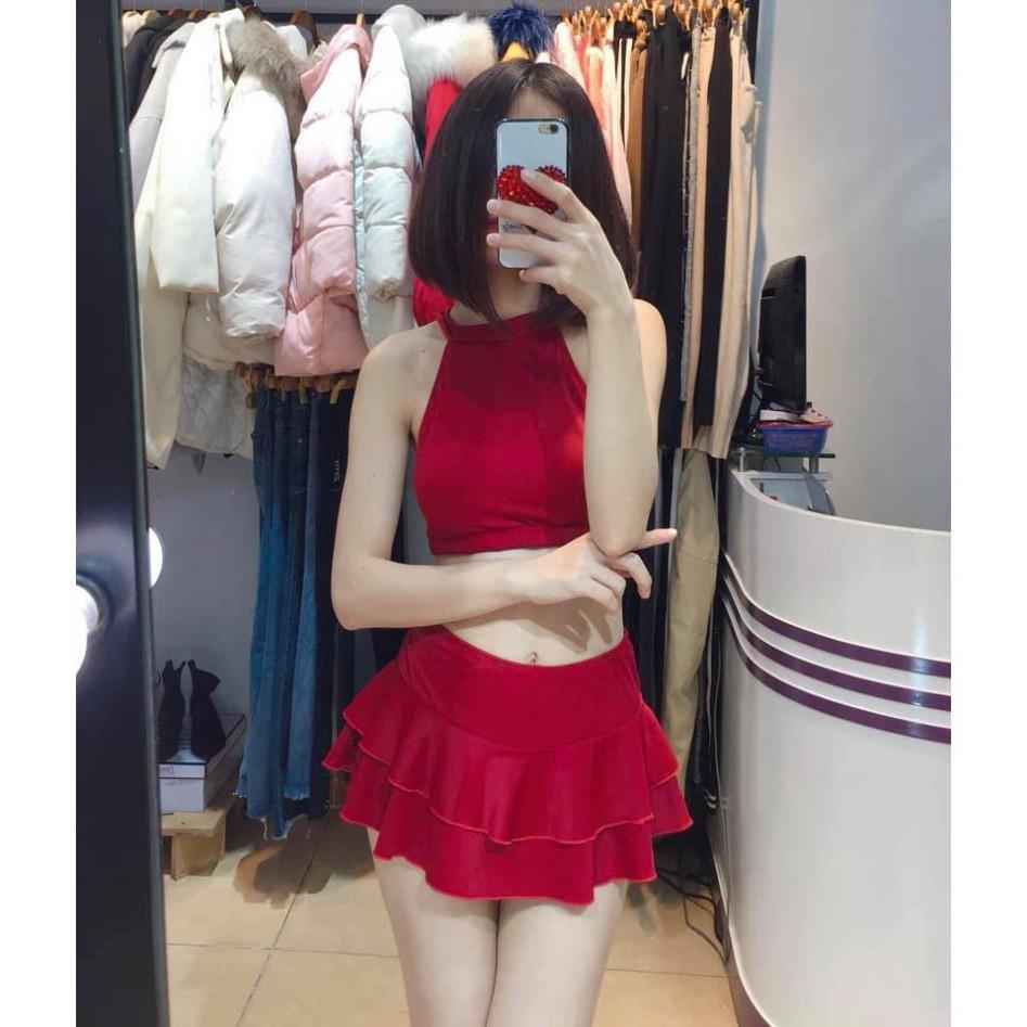 freeship 2 mảnh yếm đỏ váy 2 tầng ( 100% như hình)