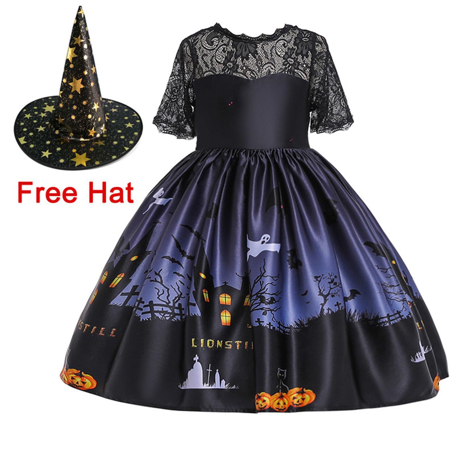 Girl Witch Halloween Costume Dress Cosplay Fancy Dress Pumpkin Printed with Witch Hats Toddler Dresses for Carnival Dress up Birthday Party