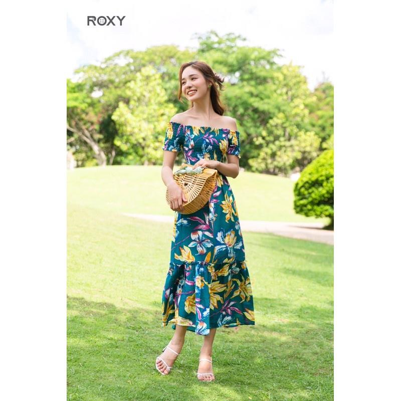 Đầm Maxi Trễ Vai Hoạ Tiết Xanh Vàng