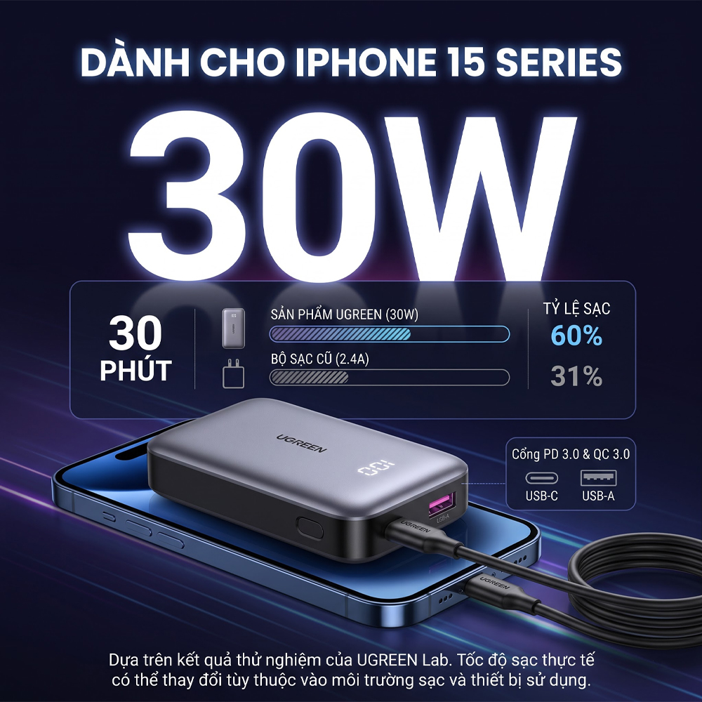 Sạc dự phòng Ugreen Nexode Power Bank 1USB 2Type-C 30W 10000mAh PB502 25185 - Hàng chính hãng