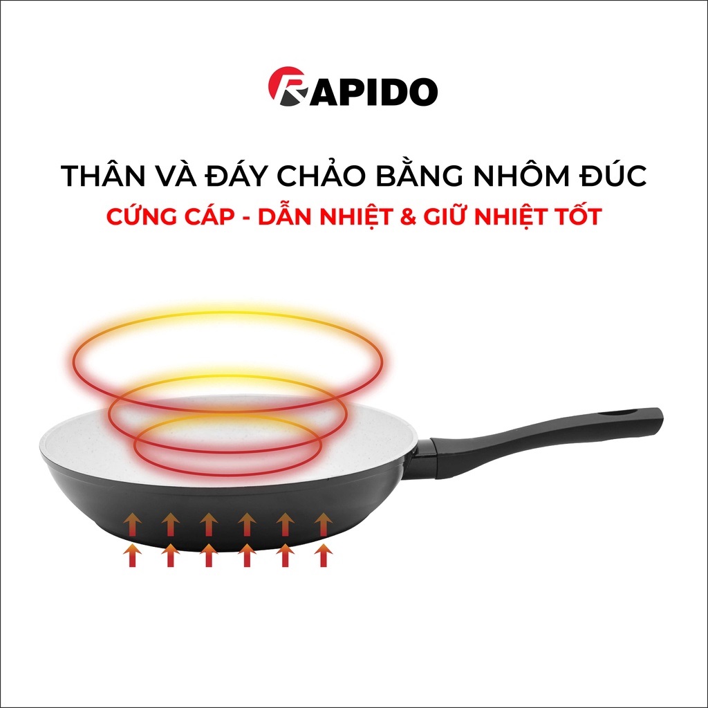 Chảo từ chống dính Rapido, chảo xào vân đá size 24-30cm dùng bếp từ, gas, hồng ngoại - hàng chính hãng