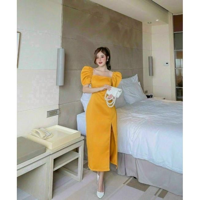 Đầm midi xẻ tà tay phồng xinh xắn ivy.fashion đi biển dự tiệc dạo phố bigsize gợi cảm sexy