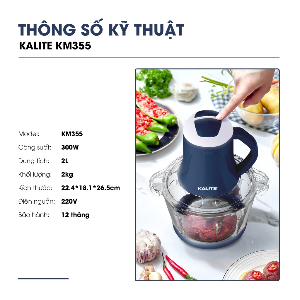 Máy Xay Thịt 2 Cối inox &amp; Thủy Tinh Kalite KM355 (Model 2024) Đa năng, 2.0L - Công Suất 300W, Kèm Dụng Cụ Bóc Tỏi- Hàng Chính Hãng