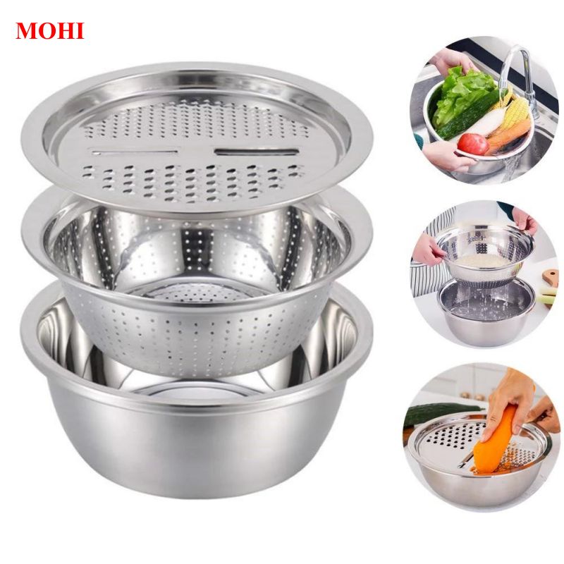 Bộ 3 Món Bào Rau Củ Quả Bằng Inox Không Rỉ ( Thau+ Rổ+ Mặt Bào)-Hàng Chính Hãng