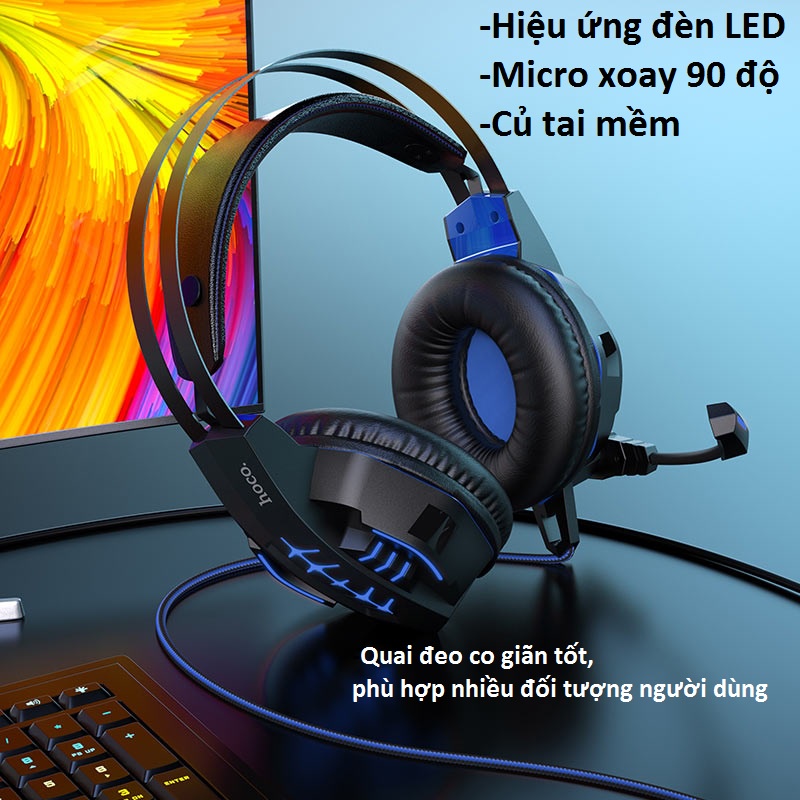 Tai nghe chụp tai gaming có đèn LED 1 chân cắm 3.5mm cho điện thoại laptop hoco W102 - Hàng chính hãng