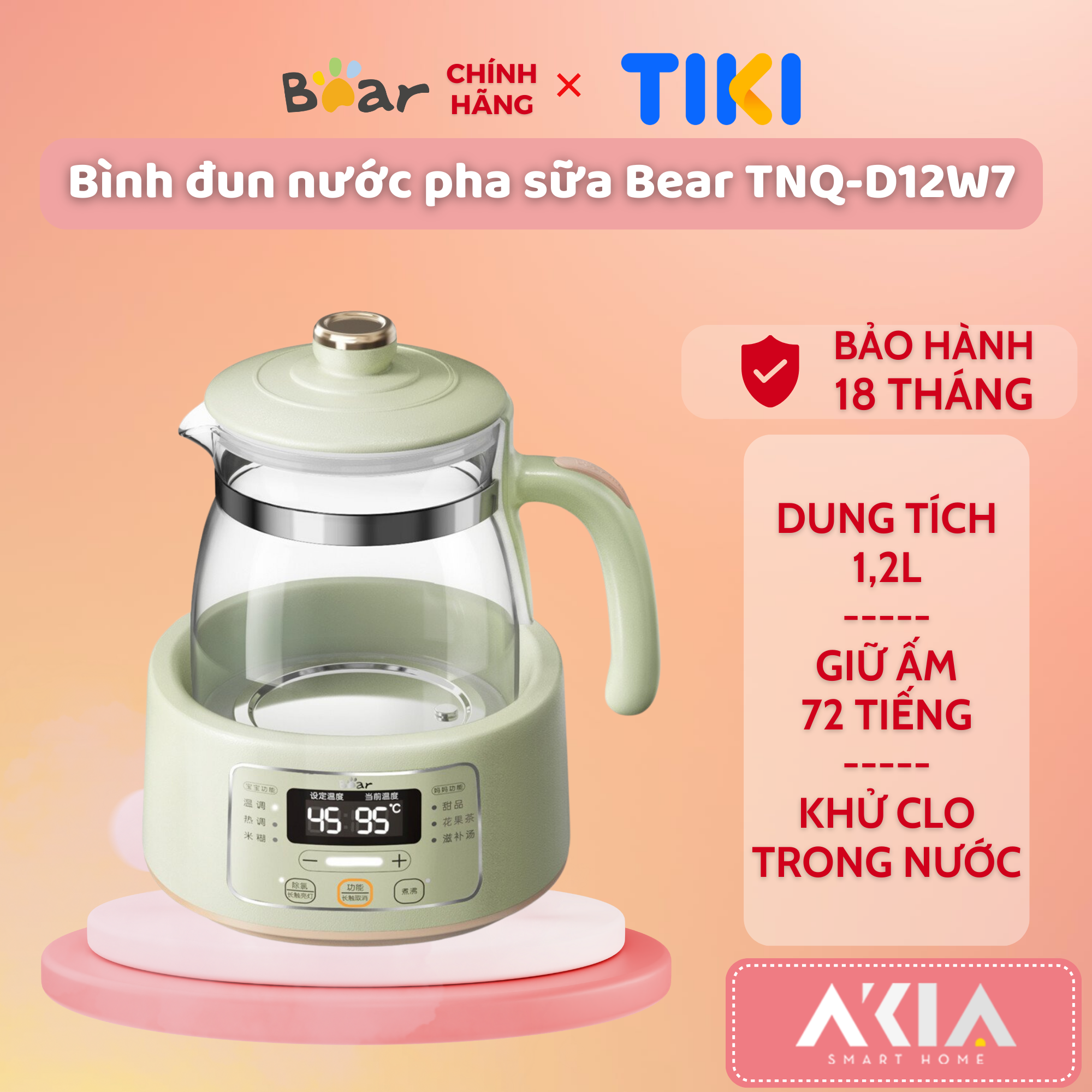 Bình đun và hâm nước pha sữa Bear TNQ-D12W7 - Dung tích 1.2L, Giữ ấm 72 giờ - Hàng chính hãng, Bản Quốc tế