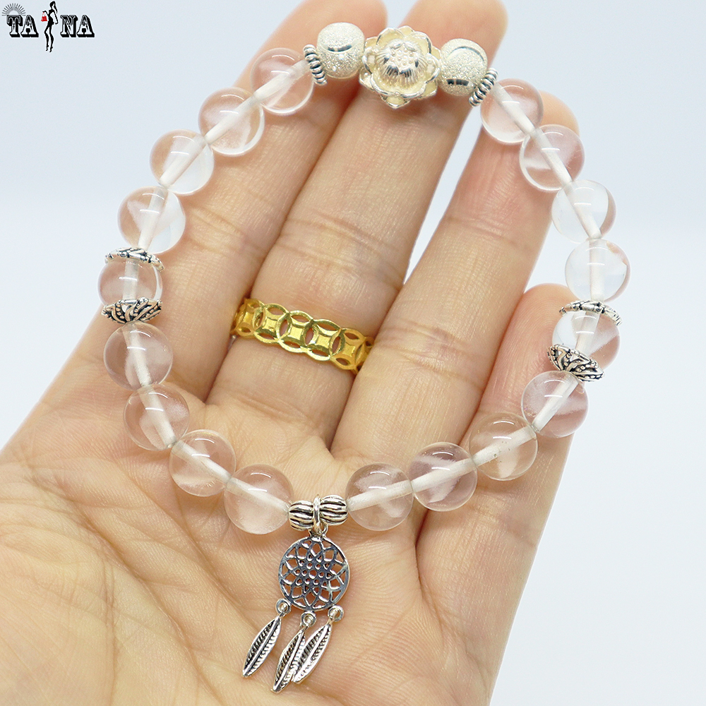 Vòng đá ưu linh trắng 8mm 5A charm bạc 925 cao cấp