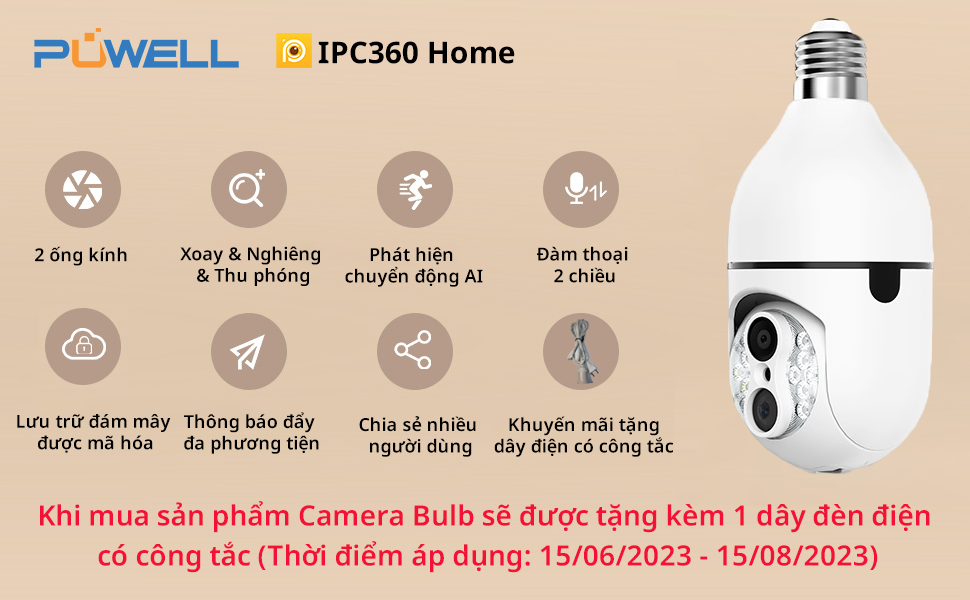 (Giao hoả tốc 2h) Camera Wifi IPC360 chuôi bóng đèn 2 ống kính, xoay ngang 360 độ, thu phóng 10 lần (Hàng chính hãng)