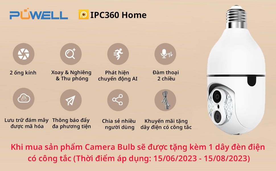 Camera IPC360 chuôi bóng đèn Wifi 2 ống kính, chế độ thu phóng, xoay 360, nhìn ban đêm (Hàng nhập khẩu)